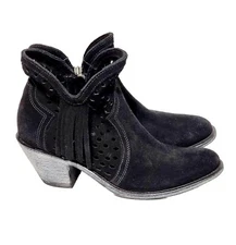 Shyanne Nicki Zip Ankle Western Bootie Black Suede Wms 8.5M US Fringe Cut out