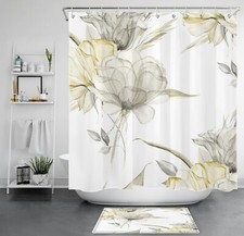 Summer Plant Grey Leaf Yellow Floral Shower Curtain Set for Bathroom Decor