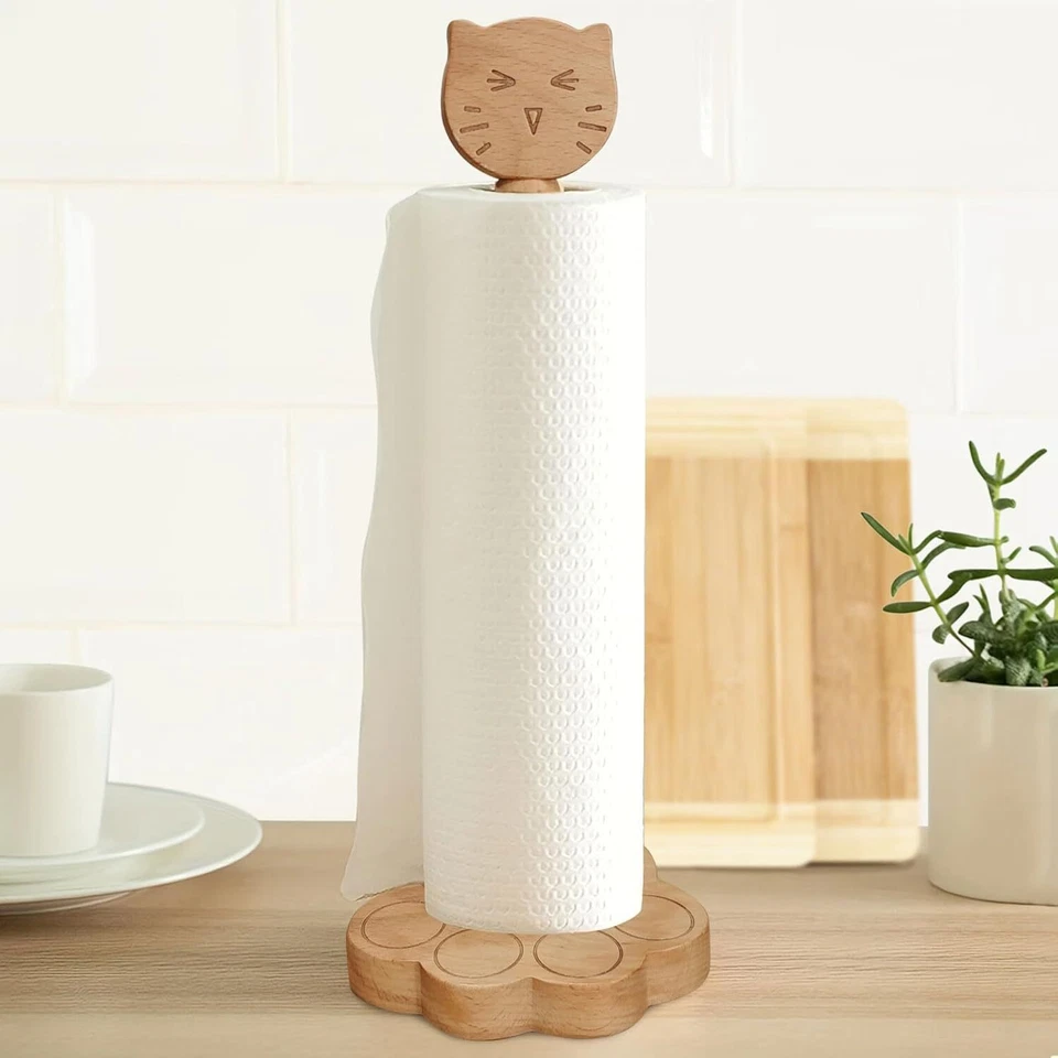 Cat Paper Towel Holder Wooden: Cute Kitchen Countertop Paper Tower Stand - Image 2 of 4