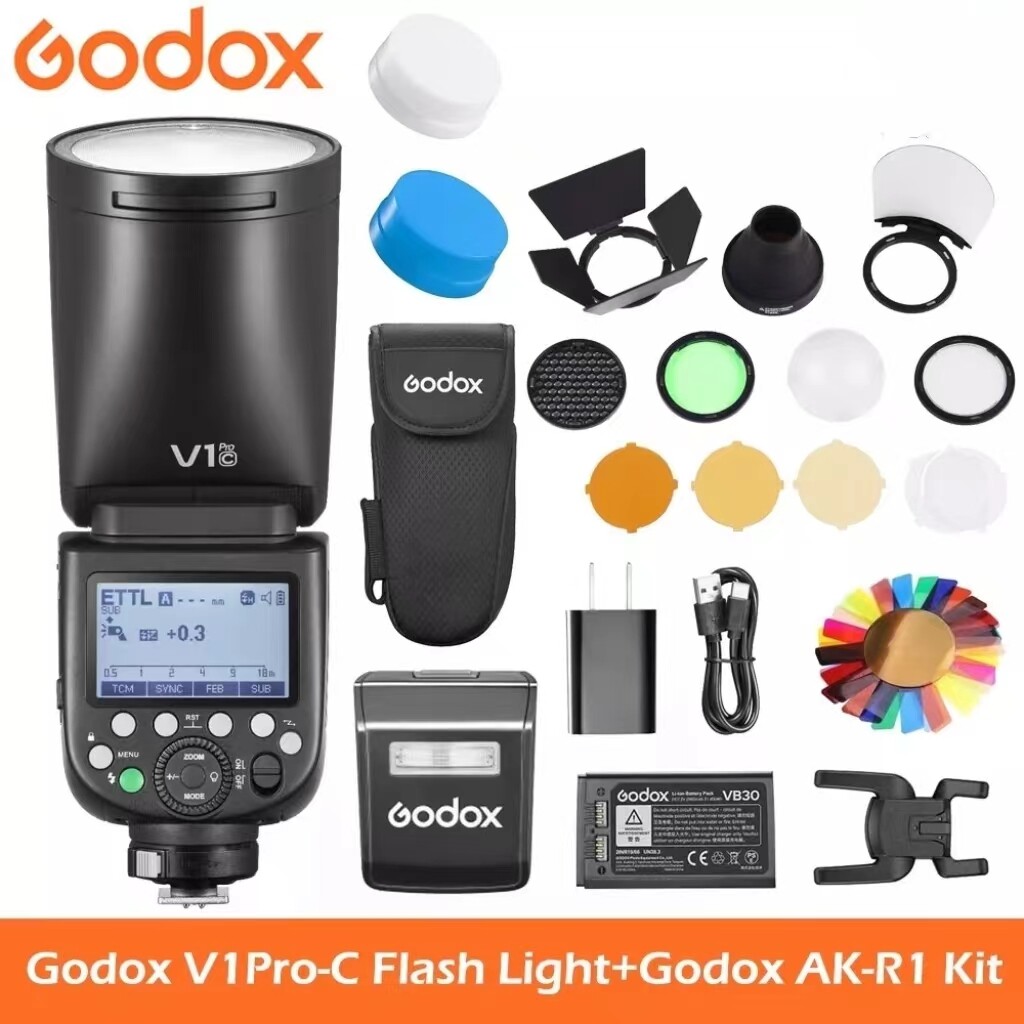 Luz flash de cámara de cabeza redonda Godox V1 Pro V1Pro-C TTL para Canon + Kit AK-R1