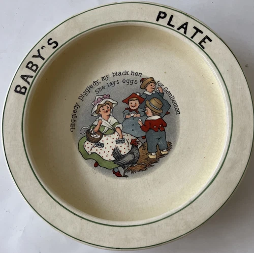 Vintage Roseville Pottery Juvenile Creamware Baby's Plate Old Woman W Children