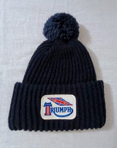 VINTAGE TRIUMPH MOTORCYCLE NAVY BLUE BEANIE KNIT HAT WITH PATCH