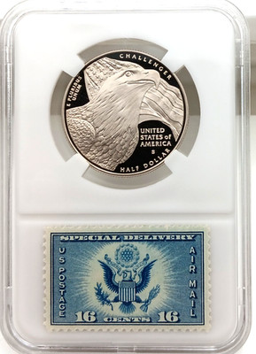 2008-S ''CHALLENGER'' BALD EAGLE & CHICKS COMMEMORATIVE 50C PROOF w/VINTAGE STAMPS
