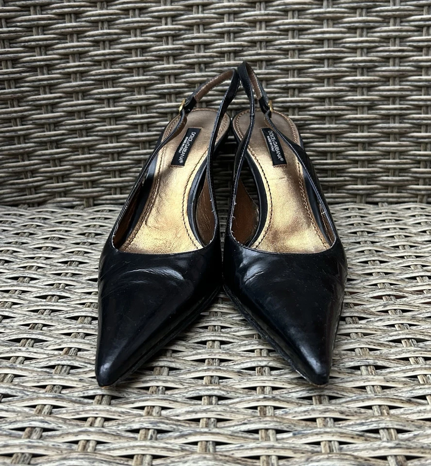 Vintage Dolce & Gabbana Patent Leather Black Pointed Toe Slingback Heels Sz 36.5 - Image 3 of 4
