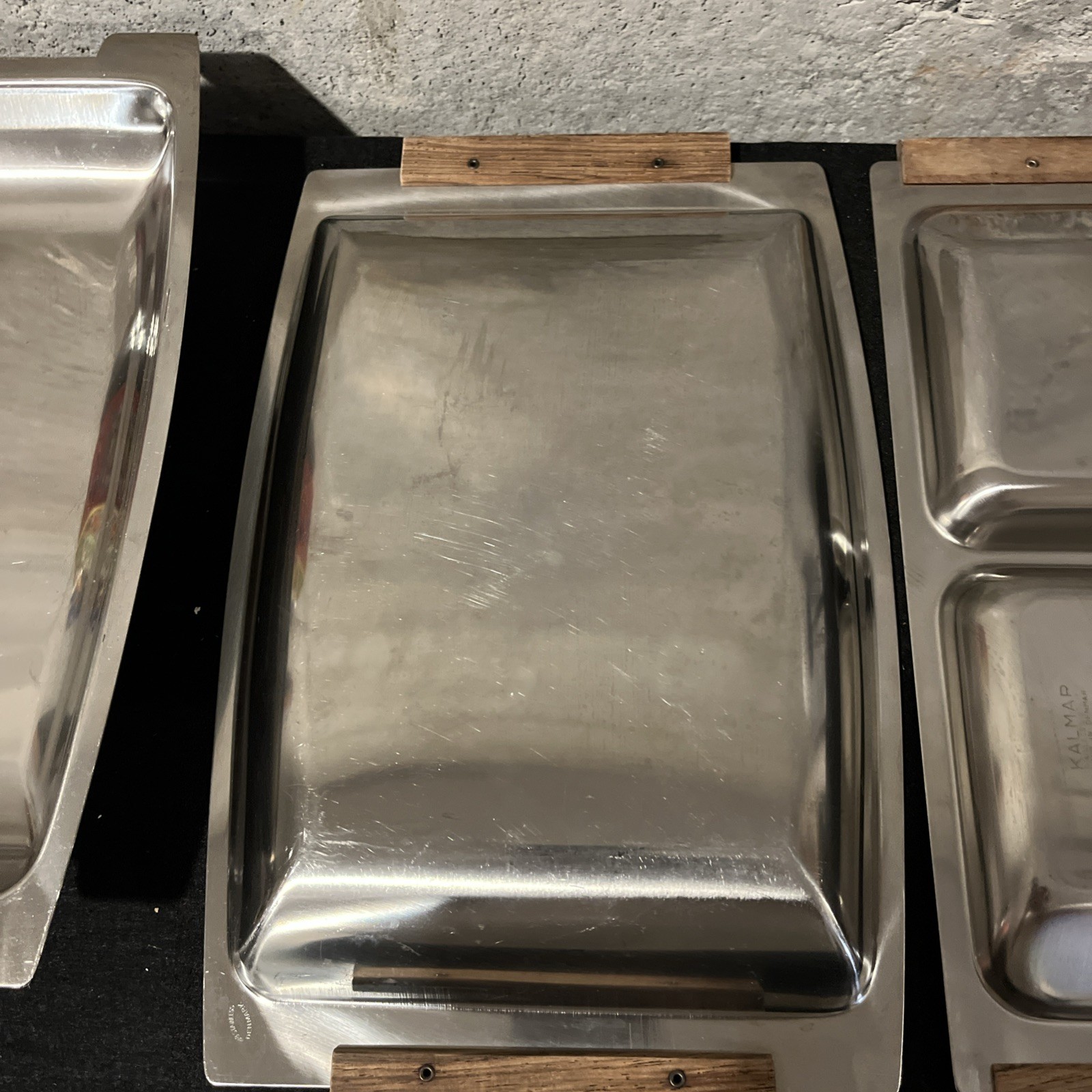 MCM Vtg Kalmar Stainless Steel & Teak Wood Serving Trays + Lid - 3 Piece Set