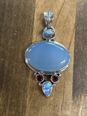 Unmarkiert Silber Chalzedon Oval Cabochon Roter Stein/Opal Akzente Anhänger 23 G