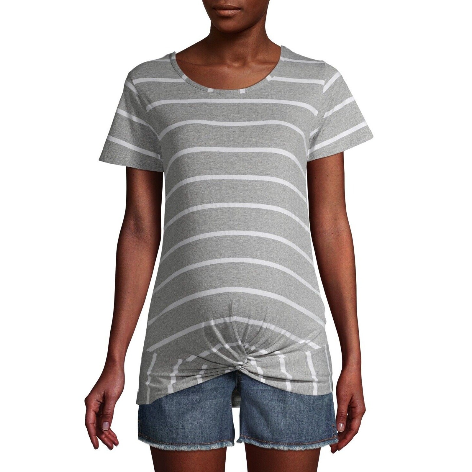 Oh! Mamma Maternity Short Sleeve Stripe Scoop Neck Front Ruched Tee, Size  L