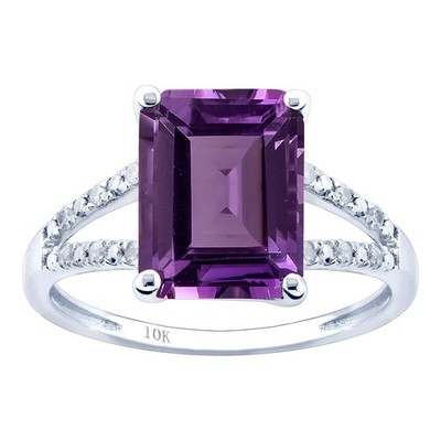 Ring 10 Karat Weißgold Vintage Stil Smaragdschliff Amethyst und Diamant