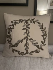 POTTERY BARN PEACE SIGN EMBELLISHED w/BEADED LEAVES PILLOW & NEW INSERT