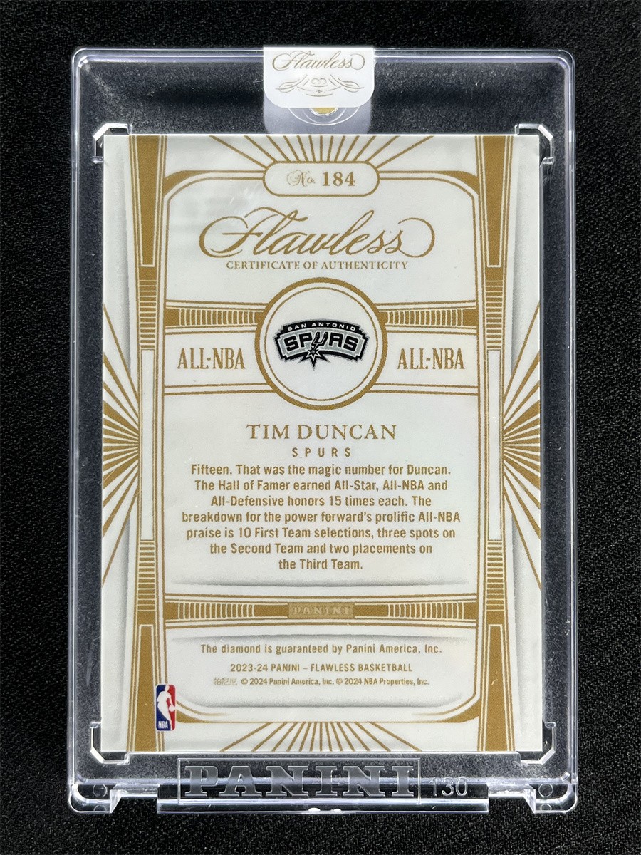 One Of One 1/1 2023-24 Panini Flawless Tim Duncan #184 ALL-NBA Diamond Spurs view 2