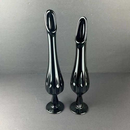 Pair of Vintage Fenton Black Amethyst Glass Thumbprint Pattern Swung Vases EC!!