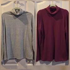 2 New Iman Top Turtleneck Ribbed Top Long Sleeve Burgundy Red Gray Large QVC