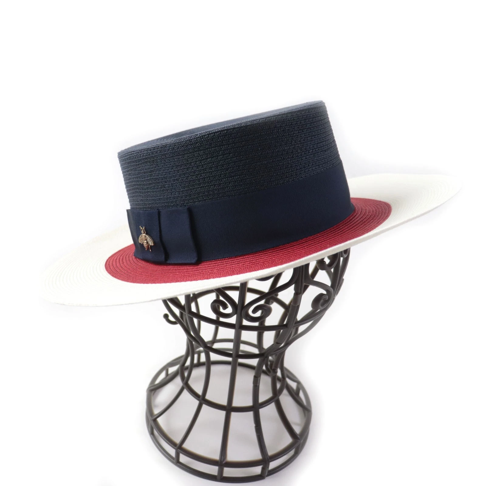 GUCCI Superbe état 454667 PAPIER LARGE BORD CHAPEAU métal abeille papier chapeau