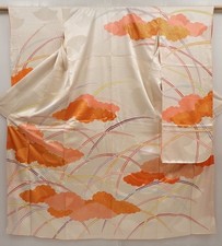 6423T13z1010 Vintage Japanese Kimono Silk FURISODE Cloud Off-white