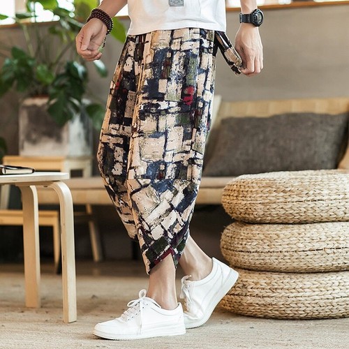 Lockere wadenlange Freizeithose Herren weites Bein Baumwolle Leinen Druck Hose - Bild 10 von 30