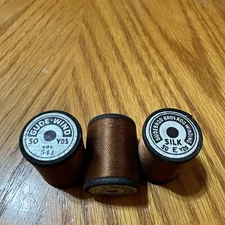 3 Vintage Wooden 50 Yd. Spools Gudebrod Silk Size E 541 Brown Gude-Wind Thread