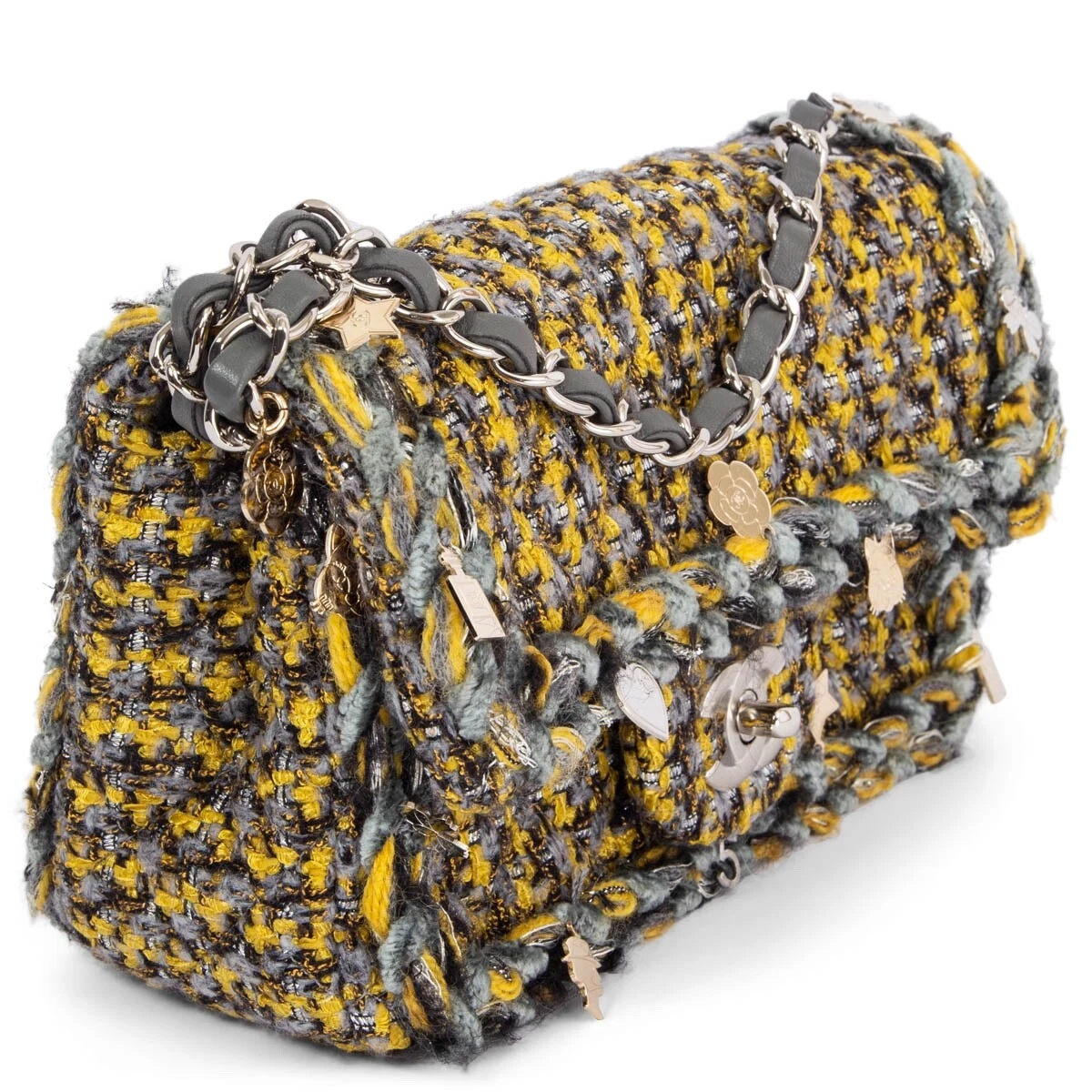 66979 auth CHANEL yellow & grey 2017 CHARMS TWEED SMALL FLAP