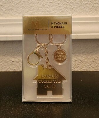 Modern Expressions Keychain 2 Piece Set ''Home Is Where The Cat Is'' Gold Color