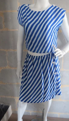 Ensemble Vintage 80's Jupe et Haut Rayé Blanc et Bleu - Photo 1/4