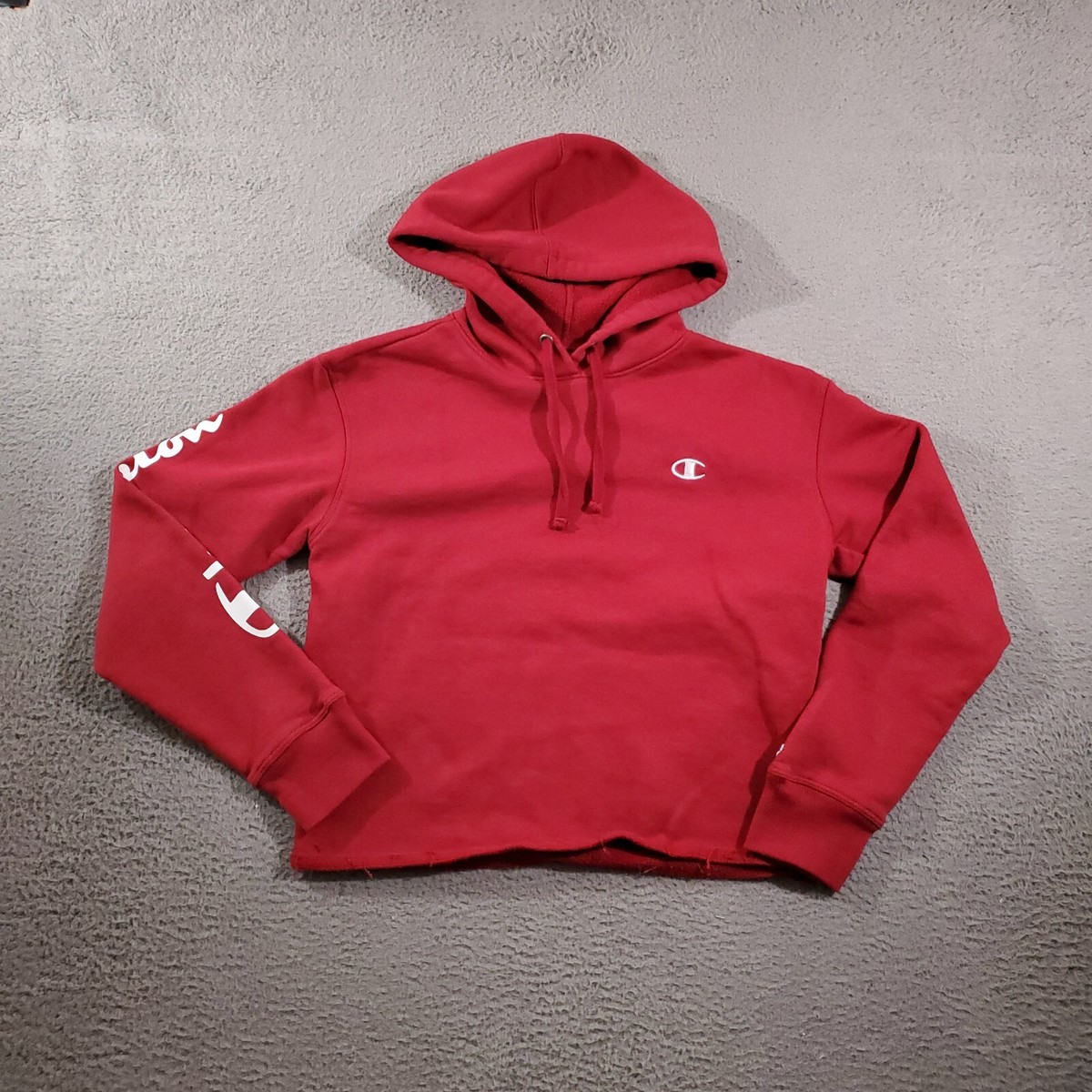 Champion Hoodie Womens Small Red Pullover Cropped Hem Spell Out
