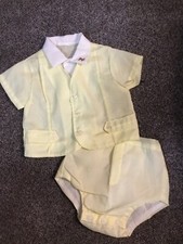 VINTAGE INFANT BOYS 2 PC OUTFIT PLASTIC LINED BOTTOMS 12 MOS. YELLOW EASTER