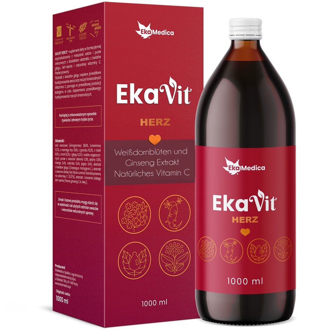 EkaMedica EkaVit HERZ - Weißdorn + Hundsrose + Ginseng + Vitamin C - 1000ml
