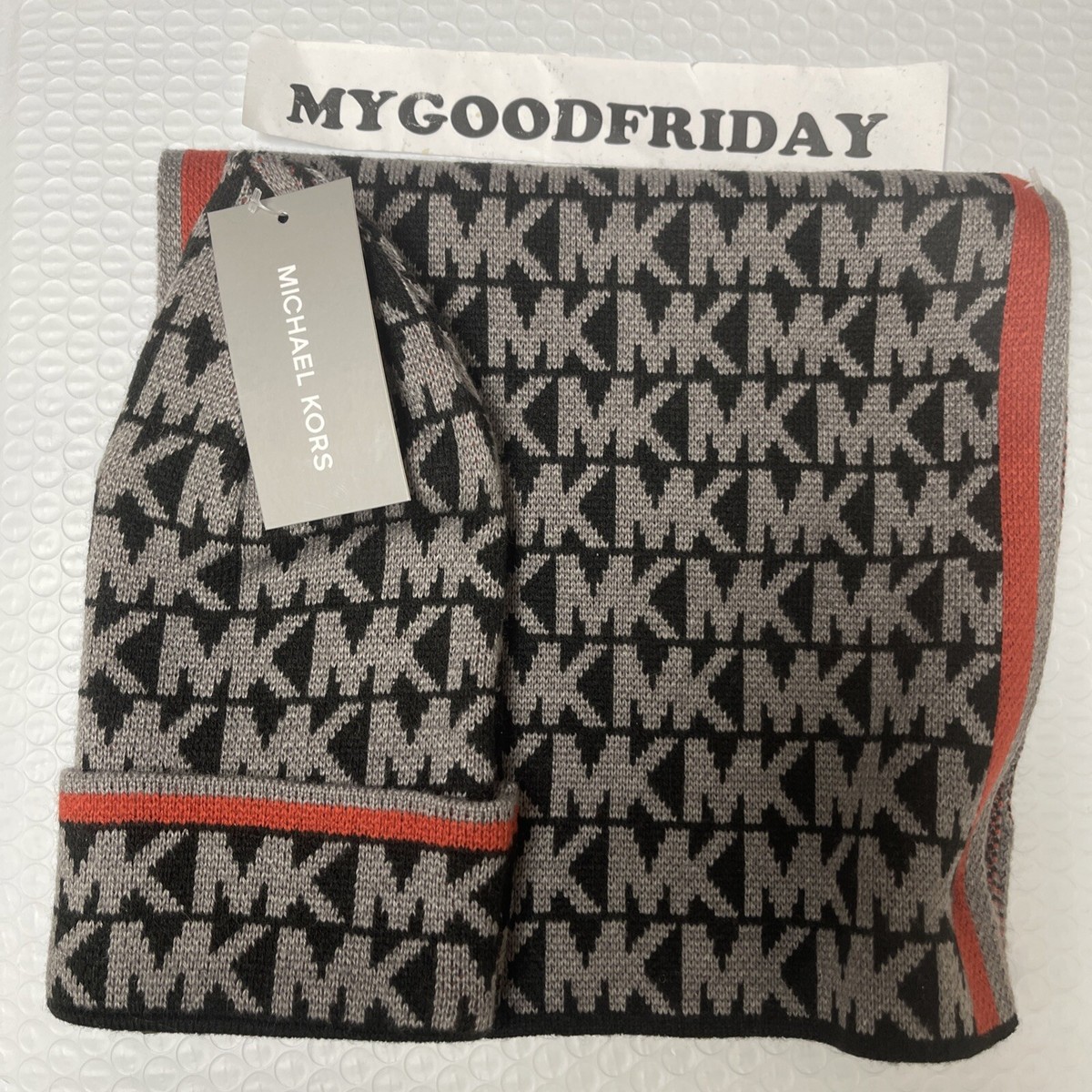 NWT Michael Kors 2-Piece Men's Hat Scarf Set Black/Beige/Orange One Size