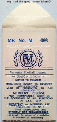 Reproducton ENVELOPE for VFL Park Members Football MEMBERSHIP MEDALLION 70's 80'
