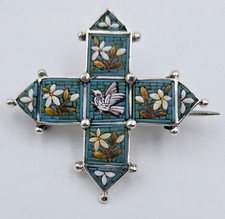 Micro Mosaic Brooch Silver Bird Dove Cross Vintage Italy