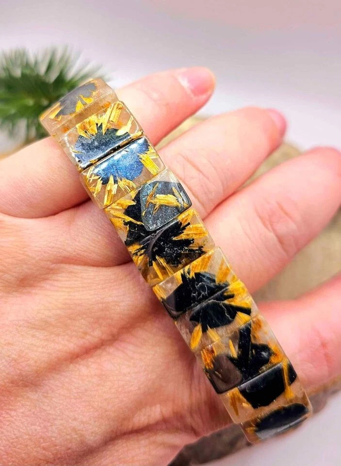 Brazalete Feng Shui Cuentas Rectangulares Flor Titanio Rutilado Oro Premium Foto 4 de 4