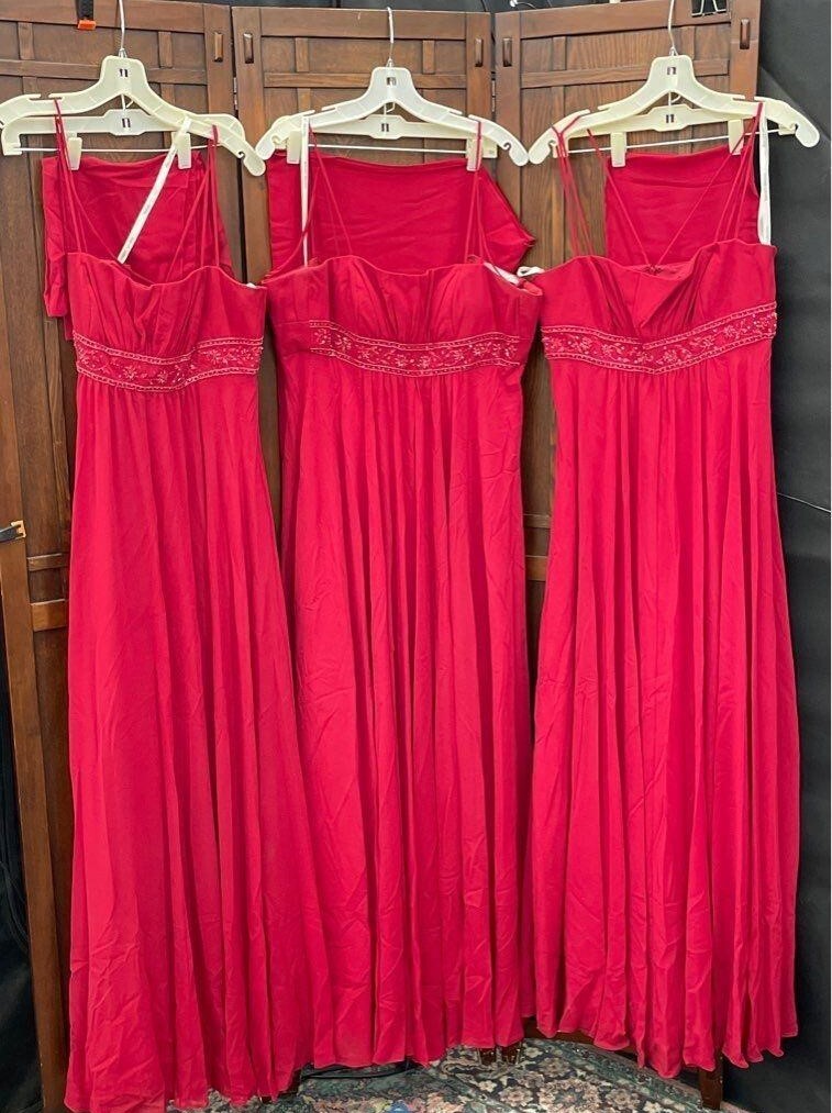 SET OF THREE DAVIDS BRIDAL CHIFFON BEADED DEEP RED BRIDESMAID DRESSES 8 10  12
