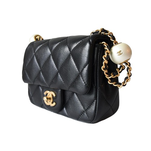 Chanel Lambskin Brushed Mini Square Pearl Flap Bag Gold Hardware Black - Picture 4 of 6