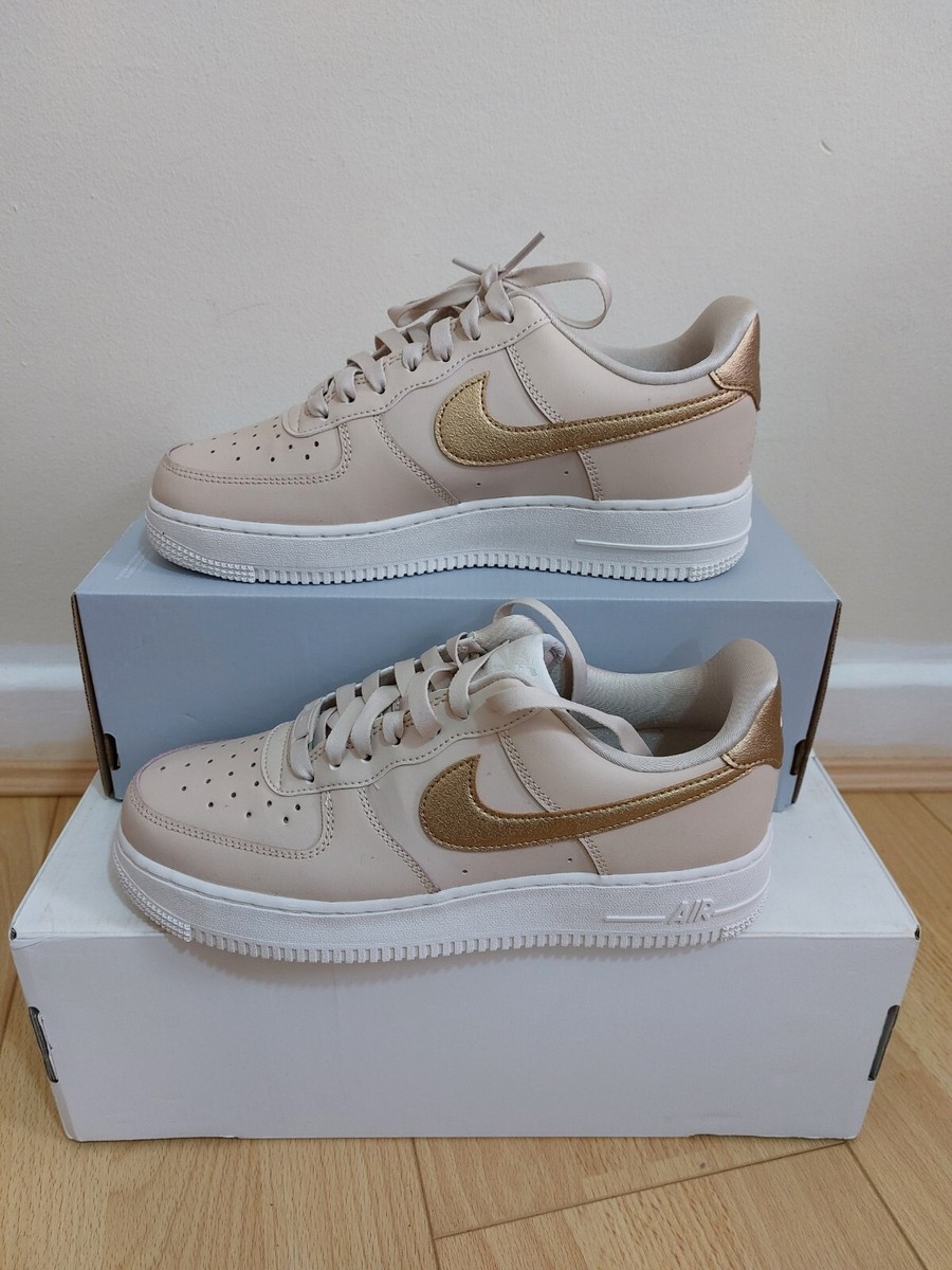 New Nike Air Force 07 ESS TRNO Low Gold Swoosh Beige UK SIZE