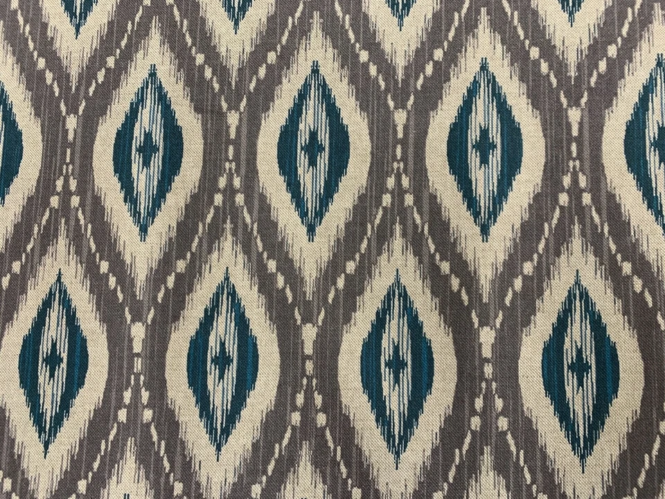 FRANK THOMAS INTERIORS Persian Ikat Fabric Grey TEAL Blue Linen Curtain Blind Upholstery