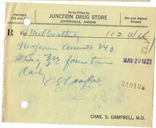 1923 Prescription, Chas. S. Campbell MD, Junction Drug Store, Coffeyville Kansab