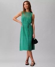 Calvin Klein Green Sleeveless Printed Midi Dress L Size NWT Tie Belted Elegant