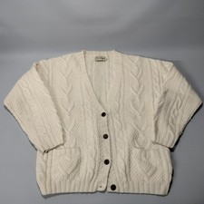Vtg LL Bean Fisherman Wool Cream Cable Knit Cardigan Sweater Mens Size L