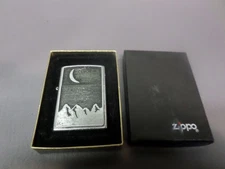 VINTAGE ZIPPO LIGHTER - 2000 XVI  - CRESENT MOON / MOUNTAINS -  W/BOX - UNTESTED