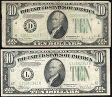 Lot of 2x 1934 $10 Ten Dollar FRN Notes (1934 C San Francisco, 1934 D Cleveland)