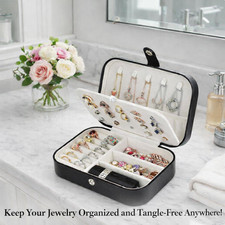 Compact PU Leather Double Layer Jewelry Organizer Box Portable Black Travel Case