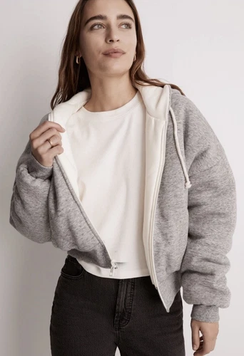 OFF WHITE Madewell MWL donna M reversibile puffer felpa con cappuccio zip davanti accogliente grigio panna