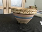 Vintage 7"  McCoy Yellow Ware Blue Pink Striped Mixing Bowl Pie Crust Rim 1930’s