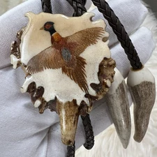 Stunning Vintage Antler Ring-Necked Pheasant Bolo Tie
