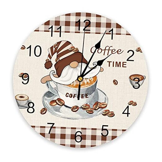 Silent PVC Wall Clock 10 Inch Round Wall Clock Gnomes Coffee Time Brown Plaid