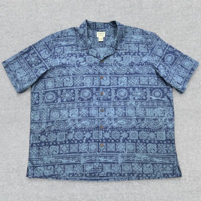 LL Bean Tropics Shirt Men's 2XL Blue Abstract Button Up Short Sleeve Camp