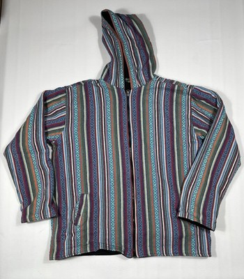 Kathmandu Imports Hooded Jacket Mens XL Striped BOHO Baja Style Hippie Woven