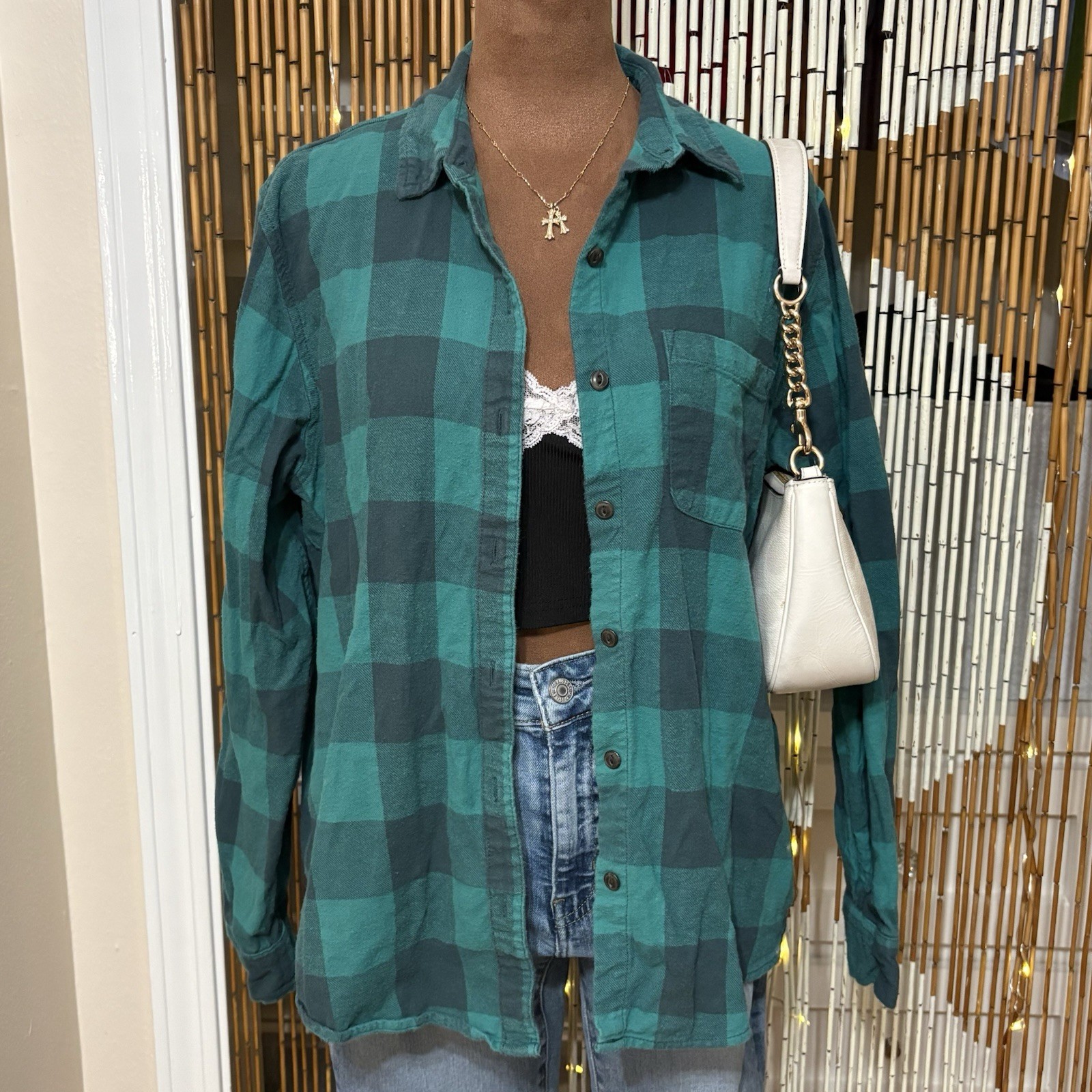 Universal Thread Medium Green Plaid Button-Down F… - image 1