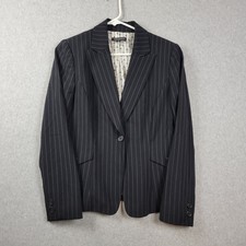 Tahari Wool Blend Silk Lined Black Pinstripe LS Button Up Blazer Women's Size 8
