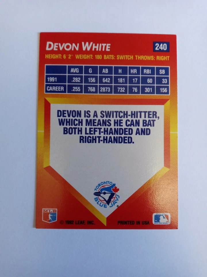 1992 Donruss Baseball Triple Play #240 Devon White - Image 2 of 2