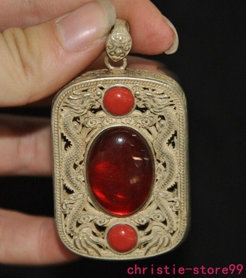Ancient China dynasty silver inlay red Gem fengshui dragon Talisman pendant